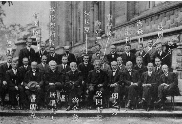 图为1927年10月第五次索尔维会议时的合照。此次会议主题为“电子和光子”,世界上最主要的物理学家聚在一起讨论重新阐明的量子理论。参加这次会议的29人中有17人获得或后来获得诺贝尔奖。